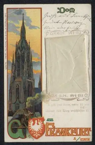 Lithographie Alt-Frankfurt, Dom im Abendlicht, kleines Briefchen im Umschlag