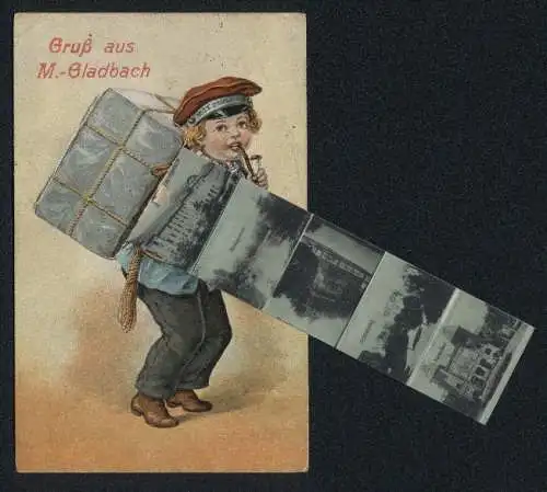 Leporello-AK M.-Gladbach, Ansichten hinterm Paketboten, Alter Markt, Turnhalle, Schillerplatz, Kaiserbad, Landgericht