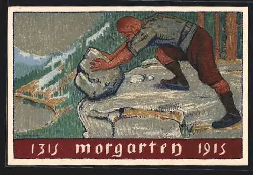 Künstler-AK Schweizer Bundesfeier 1915, Morgarten 1315, Schweizer rollt einen Stein von der Felskante
