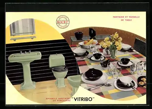 AK Reklame für Vitribo Porzellan, Badezimmer und gedeckter Tisch
