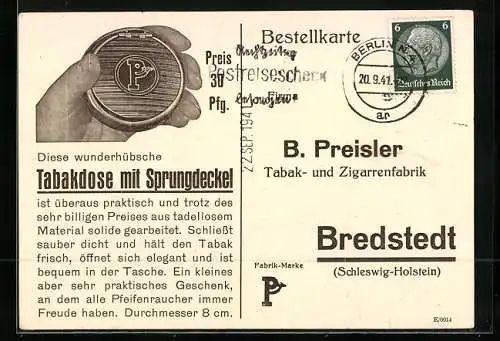 AK Bredstedt /Schleswig-Holstein, Bestellkarte B. Preisler Tabak- und Zigarrenfabrik