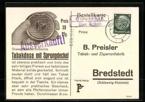AK Bredstedt /Schleswig-Holstein, Bestellkarte B. Preisler Tabak- und Zigarrenfabrik