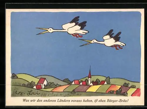 Künstler-AK Bürger-Bräu Brauerei-Werbung, zwei Storche fliegen vorbei