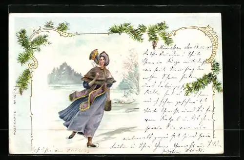 Künstler-AK Junge Frau fährt Schlittschuh auf dem vereisten See