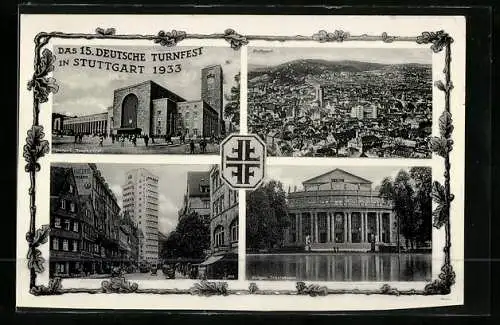 AK Stuttgart, 15. Deutsches Turnfest 1933, Hauptbahnhof, Panorama, Tagblatt-Turmhaus, Staatstheater