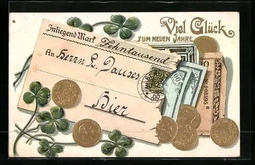Präge-AK Aufgerissener Brief mit Münzen und Geldscheinen