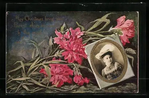 Foto-Collage-AK Portrait einer jungen Dame, Blumenstrauss zu Weihnachten