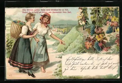 Künstler-AK Reklame der deutschen Ammoniak-Verkaufs-Vereinigung Bochum, junge Frauen bei der Ernte