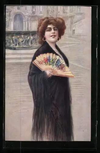 AK Frau im Kleid mit einem Fächer