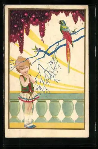 Künstler-AK Kleines Mädchen bestaunt einen Papagei, Art Deco