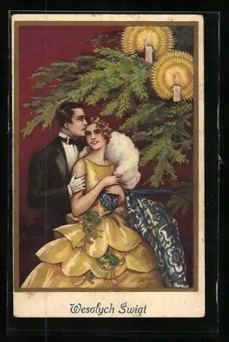 Künstler-AK Junges Paar unter einem Tannenbaum, Art Deco