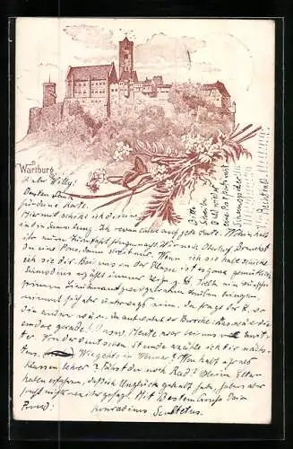 Lithographie Wartburg, Teilansicht der Festungsmauer, Blütenzweig
