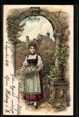 Lithographie Frau in Tracht serviert Knödel