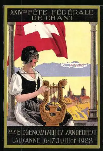 AK Lausanne, Eidgenössisches Sängerfest, 6. - 17. Juli 1928, Harfe, Schweizer Fahne