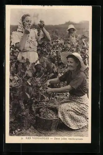 AK Les Vendanges, Deux jolies vendangeuses, Traubenernte