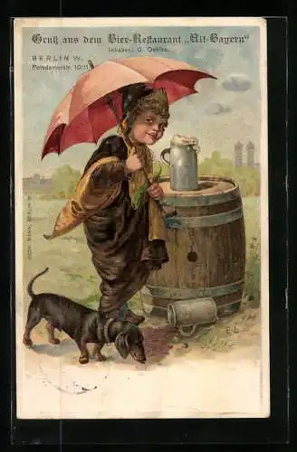 AK Münchner Kindl mit Regenschirm und Dackel an einem Bierfass