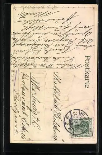 AK Münchner Kindl mit Regenschirm und Dackel an einem Bierfass