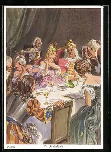 Künstler-AK P. Hey: Märchen, Der Froschkönig, der Frosch besucht die Prinzessin