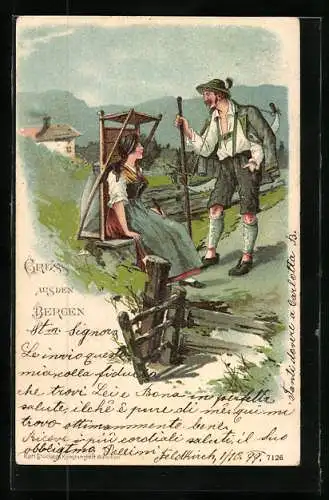 Lithographie Bergsteiger trifft auf hübsche Maid