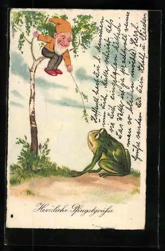 Künstler-AK Pfingsten, Zwerg reicht einem Frosch einen Zweig