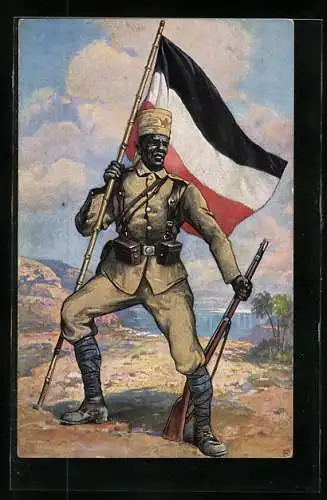 AK Askari aus Deutsch-Ostafrika in Uniform mit Gewehr und deutscher Fahne