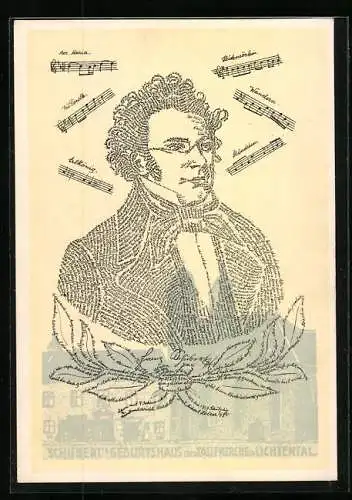 AK Liuchtental, Schubert-Jubiläum 1928, Geburtshaus und Taufkirche, Kalligraphie-Portrait