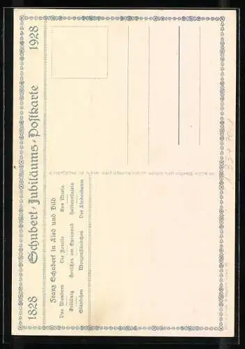 AK Liuchtental, Schubert-Jubiläum 1928, Geburtshaus und Taufkirche, Kalligraphie-Portrait