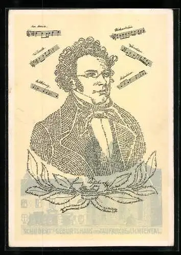 AK Liuchtental, Schubert-Jubiläum 1928, Geburtshaus und Taufkirche, Kalligraphie-Portrait