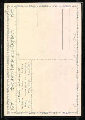 AK Liuchtental, Schubert-Jubiläum 1928, Geburtshaus und Taufkirche, Kalligraphie-Portrait