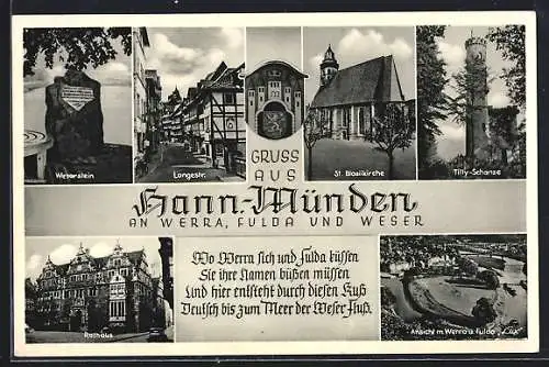 AK Hann.-Münden a. d. Werra, Rathaus, Weserstein, Tilly-Schanze