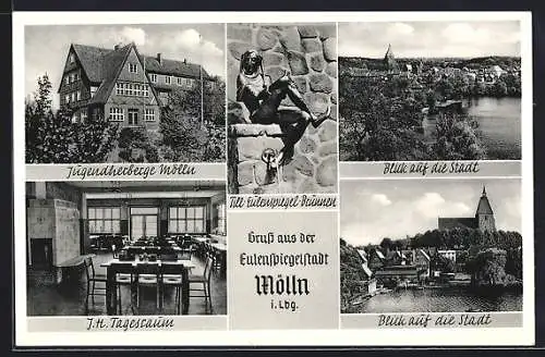 AK Mölln / Lbg., Jugendherberge mit Tagesraum, Blick auf die Stadt, Till-Eulenspiegel-Brunnen