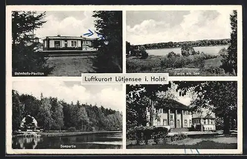 AK Lütjensee i. Holst., Gaststätte Bahnhofs-Pavillon, Seepartie, Ortspartie