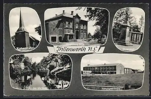 AK Ihlienworth /N.-E., Kaufhaus Dock, Kirche, Ehrenmal