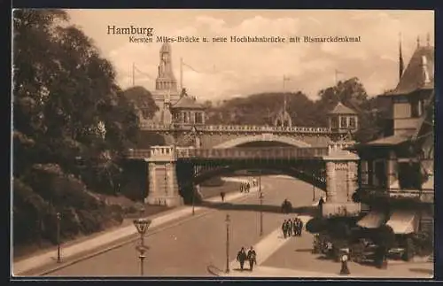 AK Hamburg-St.Pauli, Kersten Miles-Brücke und neue Hochbahnbrücke mit Bismarckdenkmal