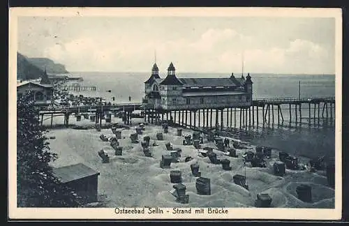 AK Sellin, Ostseebad, Strand mit Brücke