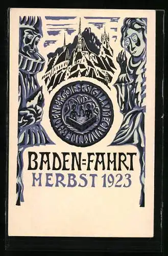Künstler-AK Baden-Fahrt der Studenten im Herbst 1923