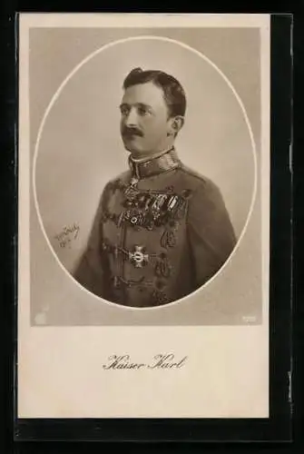 AK Kaiser Karl I. von Österreich, Uniform-Portrait im Rahmen