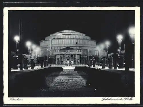 AK Breslau, Jahrhunderthalle bei Nacht