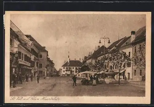 AK St. Veit a. d. Glan, Hauptplatz mit Brunnendenkmal und Verkaufsstand