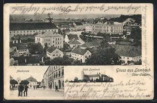 AK Lambach /Ob.-Oest., Stift, Marktplatz, Totalansicht von oben