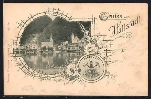 AK Hallstatt, Panorama mit Kirche, schön verziert, um 1900