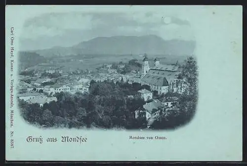 Mondschein-AK Mondsee, Ortsansicht von Osten aus der Vogelschau