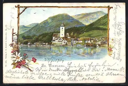 Lithographie St. Wolfgang /Salzkammergut, Gesamtansicht, Passepartout mit Edelweiss