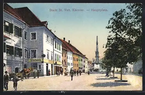 AK St. Veit /Kärnten, Hauptplatz mit K. K. Tabak-Hauptverlag und Säulendenkmal