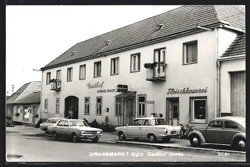 AK Drassmarkt /Bgld., Gasthof Gabriel Janits und Fleischhauerei mit Strasse