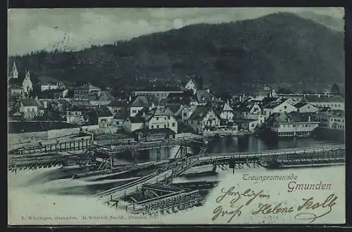 Mondschein-AK Gmunden, Traunpromenade mit Brücke und Bergblick aus der Vogelschau