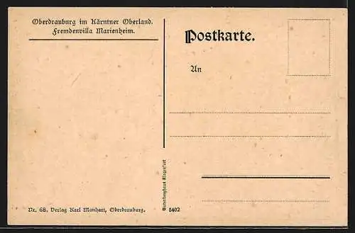 Künstler-AK Oberdrauburg /Kärnten, Fremdenvilla Marienheim mit Strasse und Bergpanorama