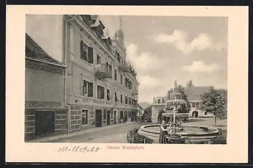 AK Millstatt, Oberer Marktplatz mit Hotel Burgstaller und Brunnen