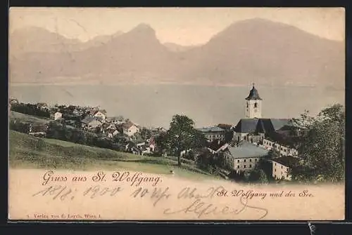 AK St. Wolfgang, Teilansicht mit Kirche und See