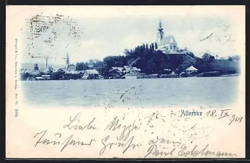 AK Attersee, Blick auf Ort vom Wasser aus